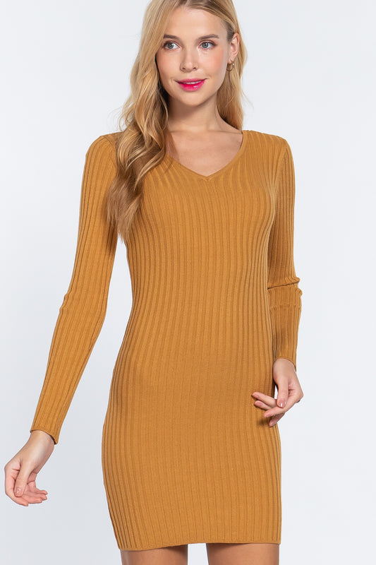 Women's Long Sleeves V-neck Bodycon Knit Sweater Mini Dress Jumper Party