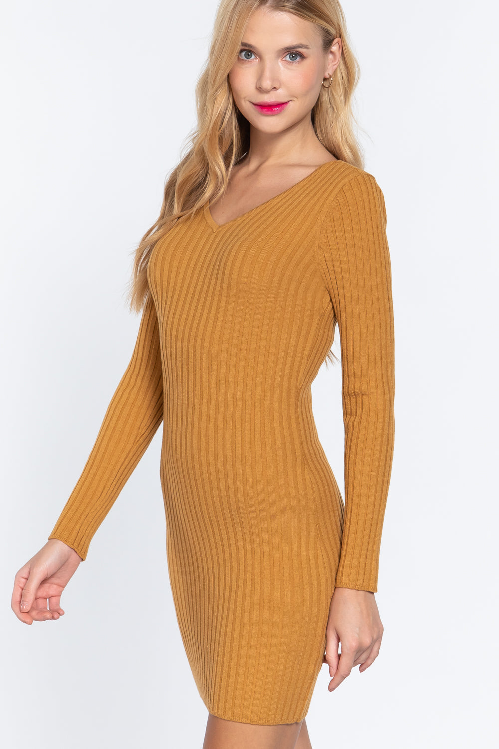 Women's Long Sleeves V-neck Bodycon Knit Sweater Mini Dress Jumper Party