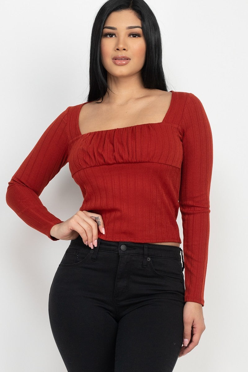 Women's Shirred Square Neck Top Soft Rib Knit Long Sleeves T-Shirt Solid
