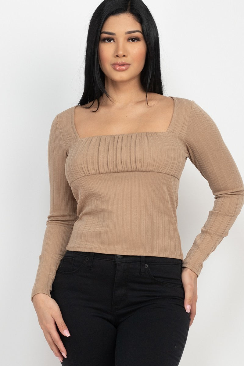 Women's Shirred Square Neck Top Soft Rib Knit Long Sleeves T-Shirt Solid
