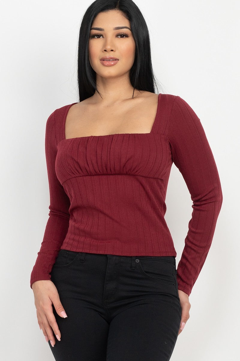 Women's Shirred Square Neck Top Soft Rib Knit Long Sleeves T-Shirt Solid