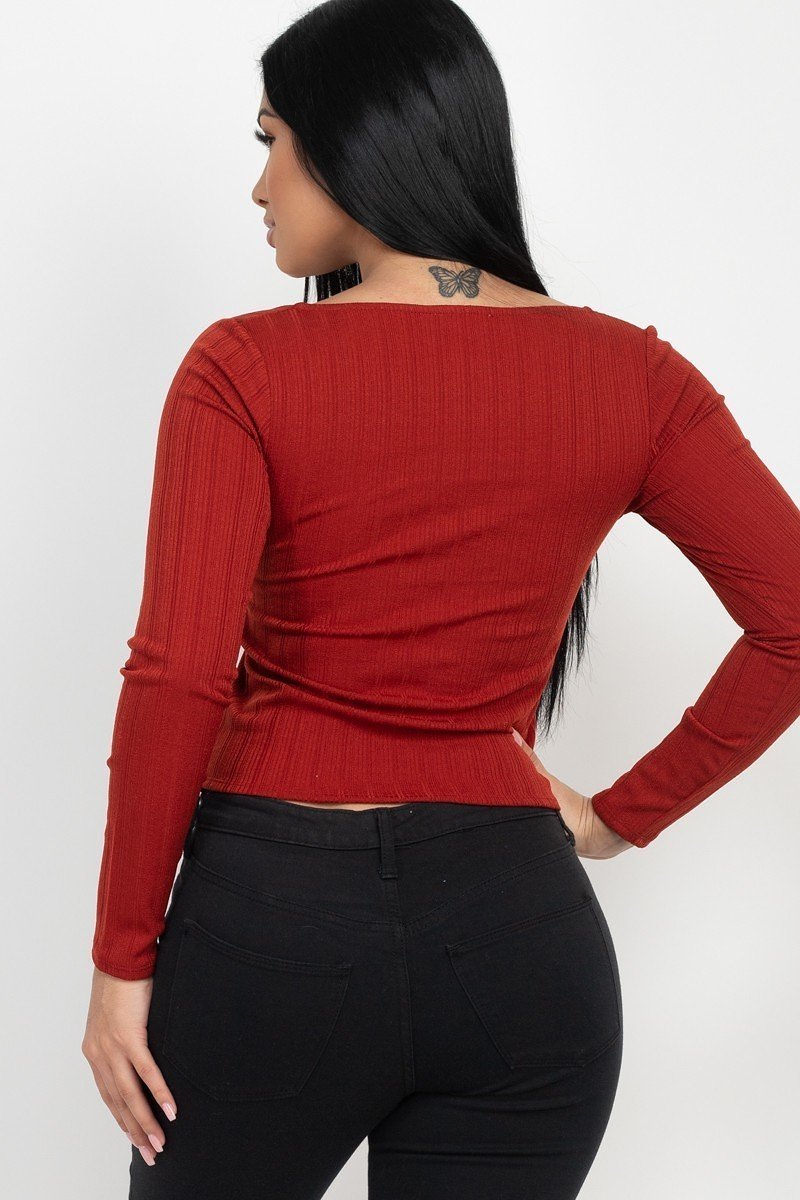 Women's Shirred Square Neck Top Soft Rib Knit Long Sleeves T-Shirt Solid