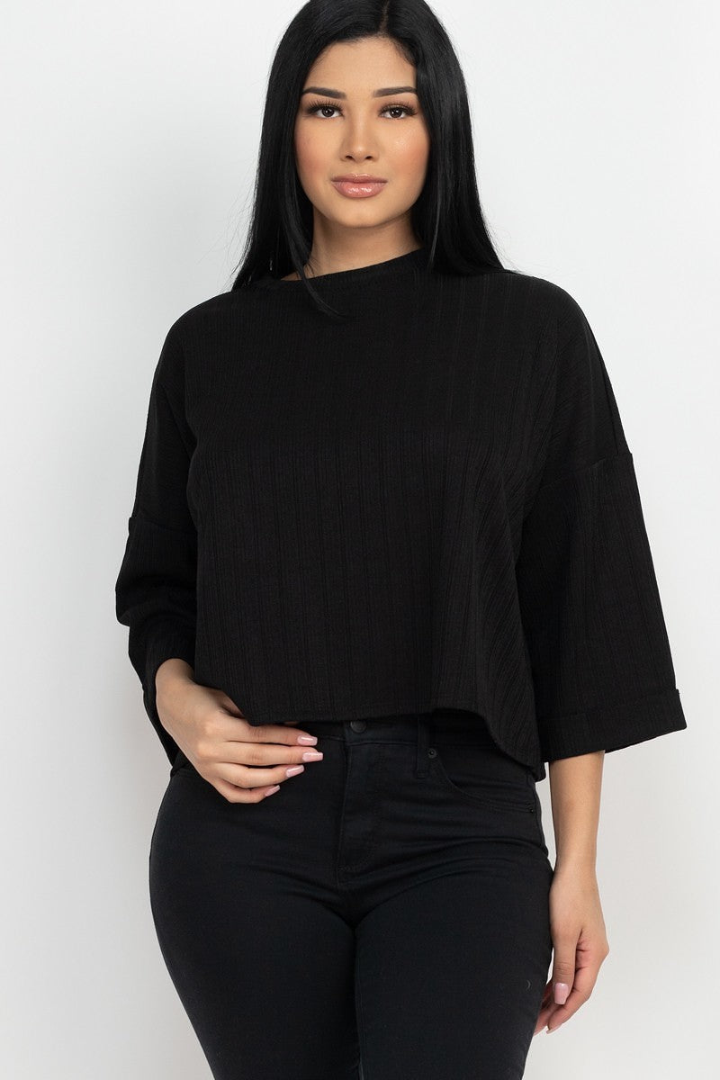 Women's Round Neck Roll Up 3/4 Sleeves Top Rib Knit Solid Drop Shoulder T Shirt