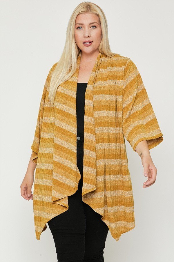 Women's Plus Size Kimono Style Striped Cardigan Sleeves Asymmetrical Hem Mustard
