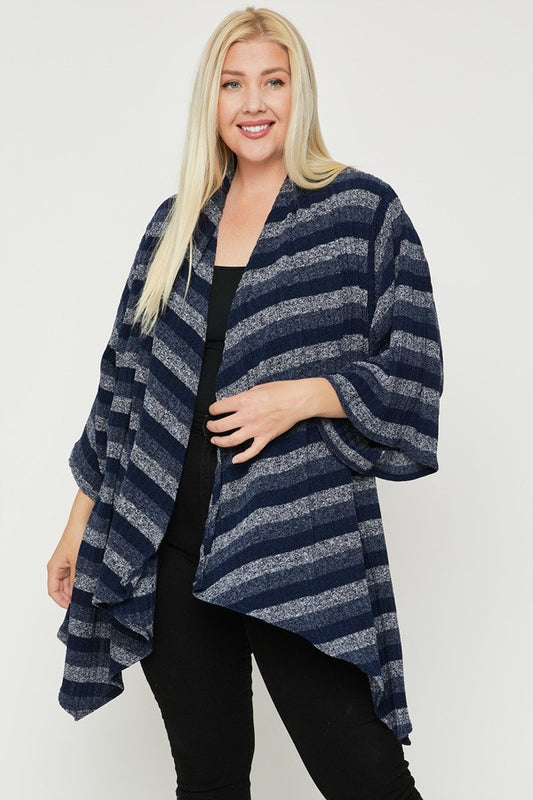 Women's Plus Size Kimono Style Striped Cardigan Sleeves Asymmetrical Hem (Navy)