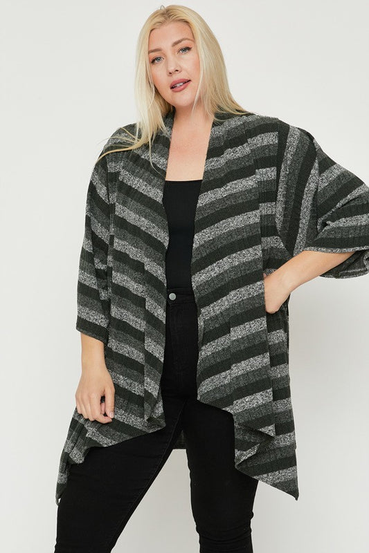 Women's Plus Size Kimono Style Striped Cardigan Sleeves Asymmetrical Hem (Olive)