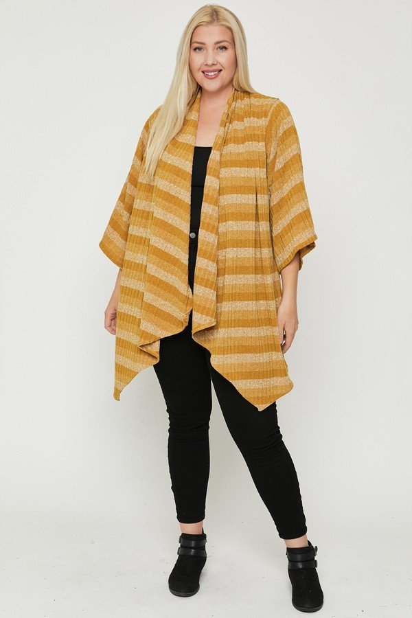 Women's Plus Size Kimono Style Striped Cardigan Sleeves Asymmetrical Hem Mustard