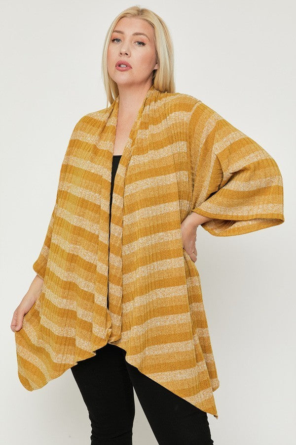 Women's Plus Size Kimono Style Striped Cardigan Sleeves Asymmetrical Hem Mustard