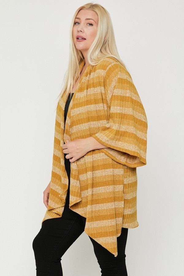 Women's Plus Size Kimono Style Striped Cardigan Sleeves Asymmetrical Hem Mustard