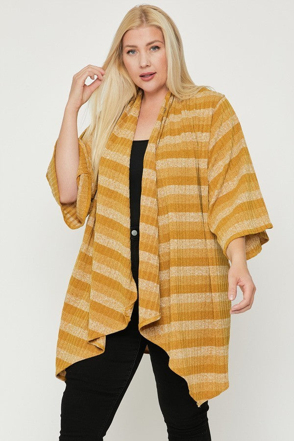 Women's Plus Size Kimono Style Striped Cardigan Sleeves Asymmetrical Hem Mustard