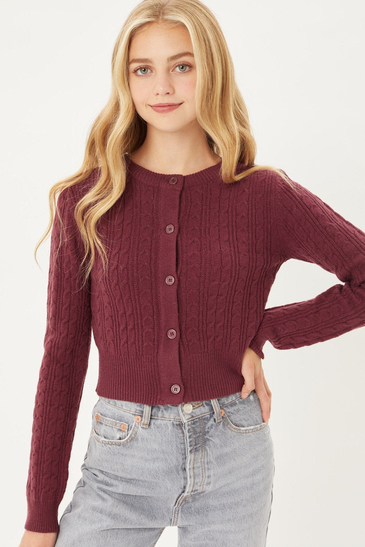 Women's Long Sleeve Round Neck Cable Knit Cropped Button-Down Cardigan Sweater