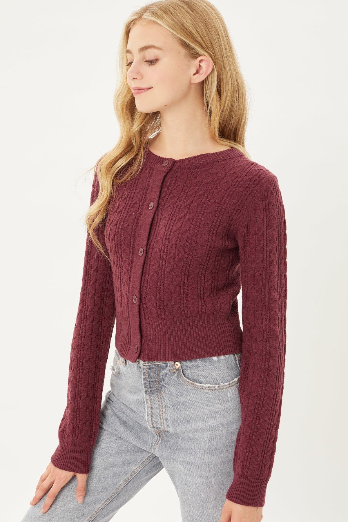 Women's Long Sleeve Round Neck Cable Knit Cropped Button-Down Cardigan Sweater