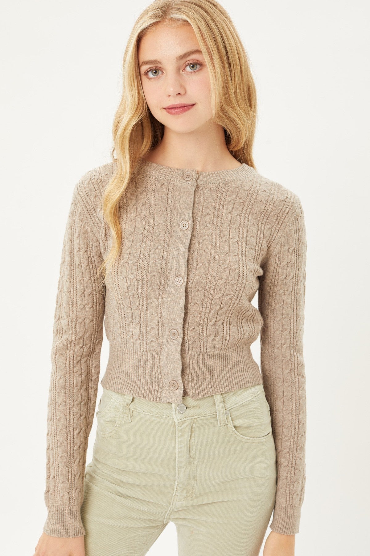 Women's Long Sleeve Round Neck Cable Knit Cropped Button-Down Cardigan Sweater
