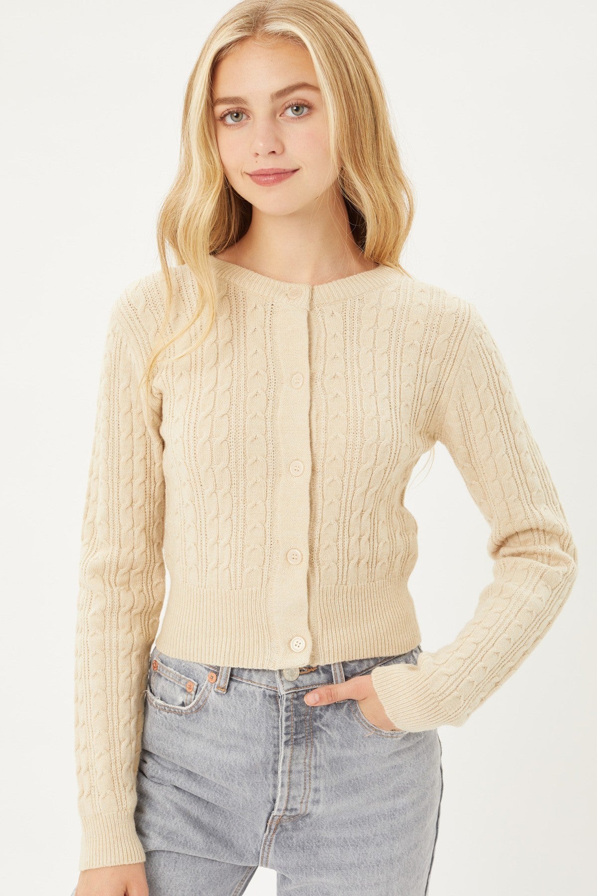 Women's Long Sleeve Round Neck Cable Knit Cropped Button-Down Cardigan Sweater