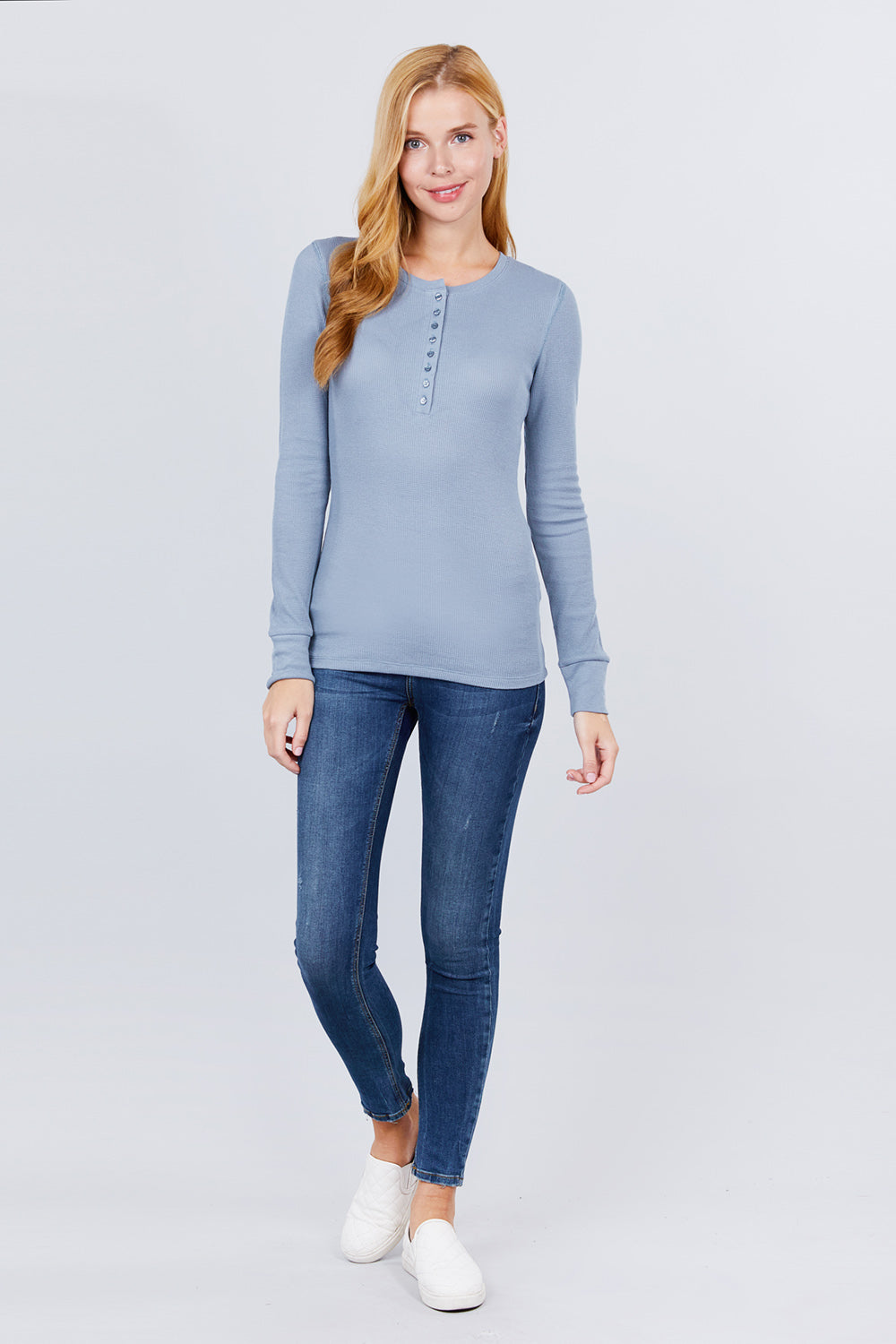 Women's Long Sleeve Henley Thermal Shirt Soft Top (Blue)