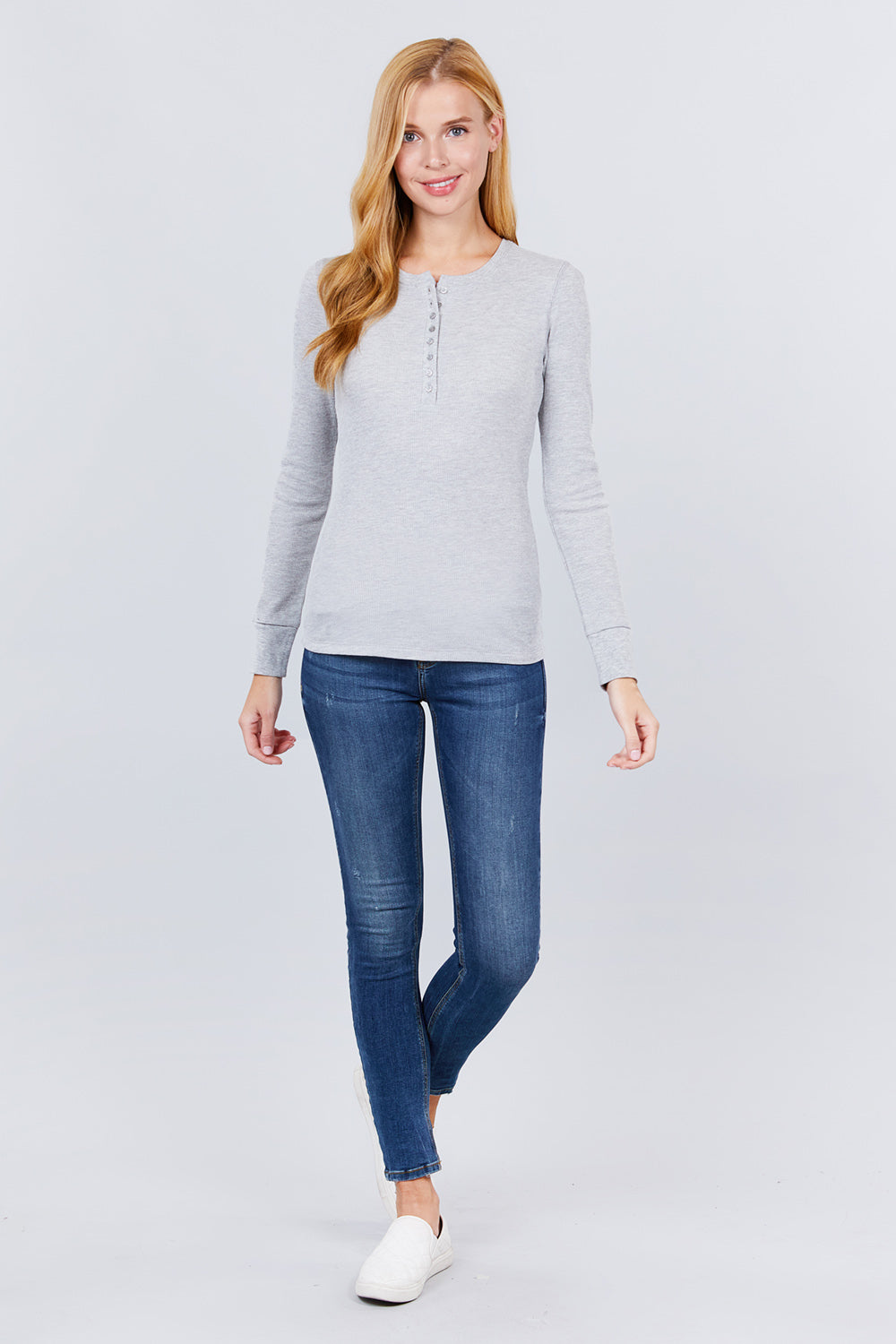 Women's Long Sleeve Henley Thermal Shirt Soft Top (Heather Grey)