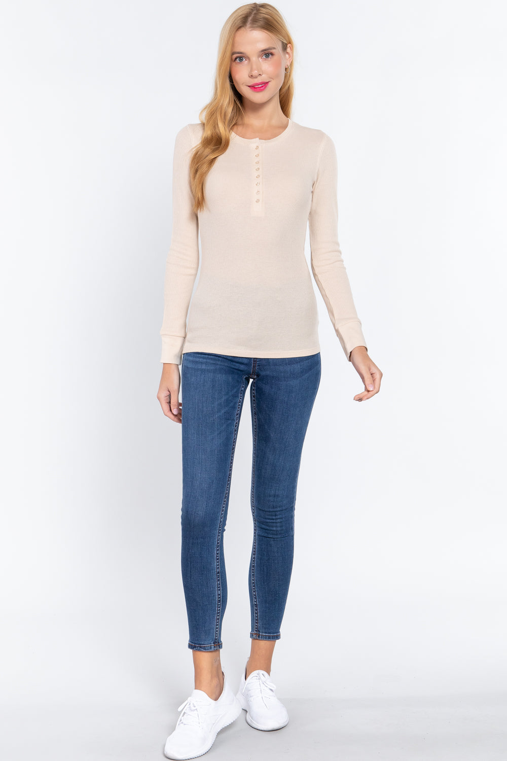 Women's Long Sleeve Henley Thermal Shirt Soft Top (Beige)
