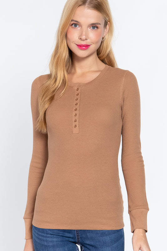 Women's Long Sleeve Henley Thermal Shirt Soft Top (Natural Tan)