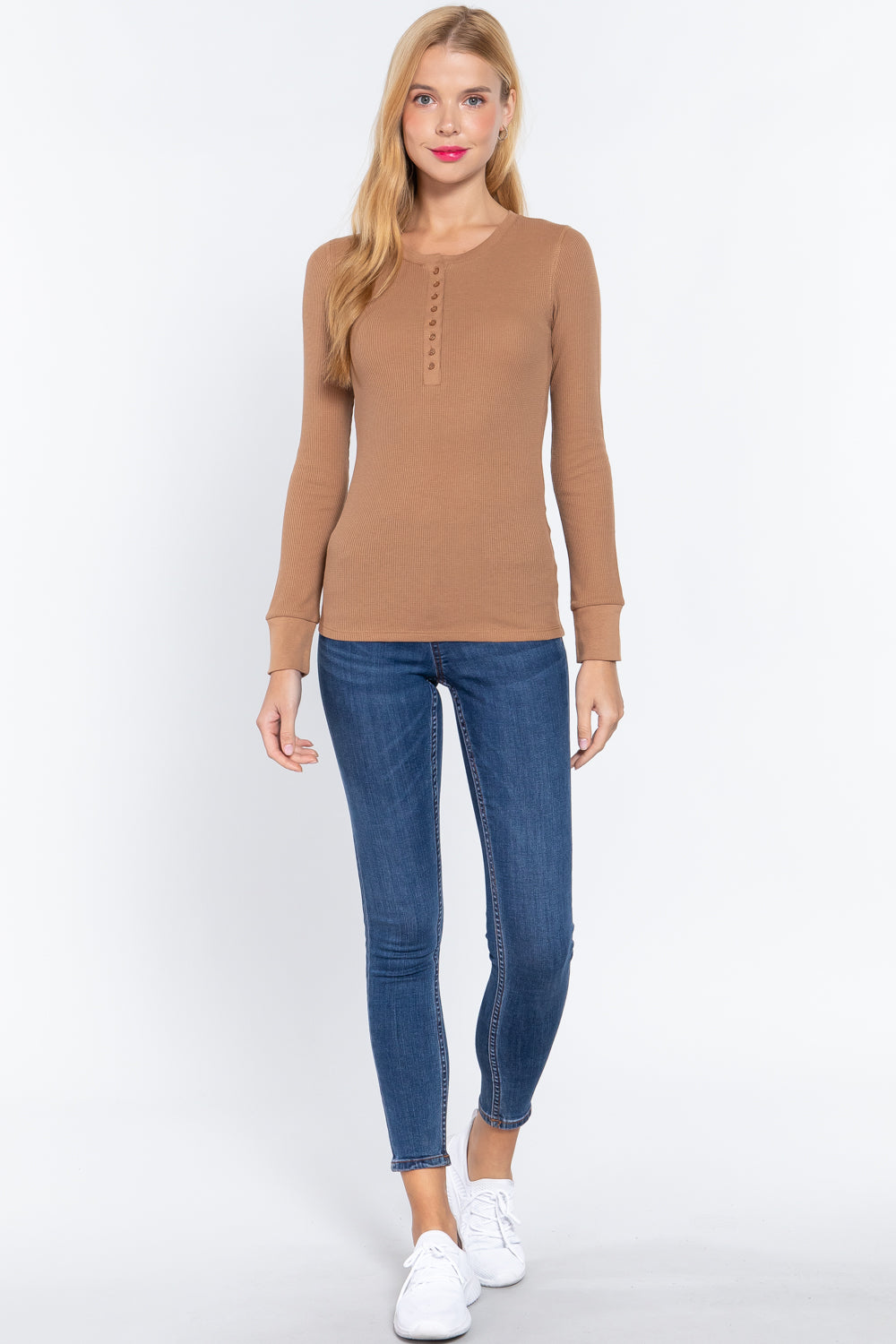 Women's Long Sleeve Henley Thermal Shirt Soft Top (Natural Tan)
