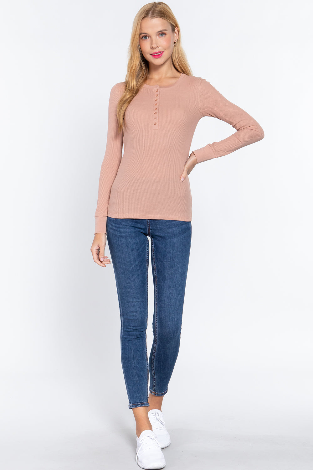 Women's Long Sleeve Henley Thermal Shirt Soft Top (Pale Blush)