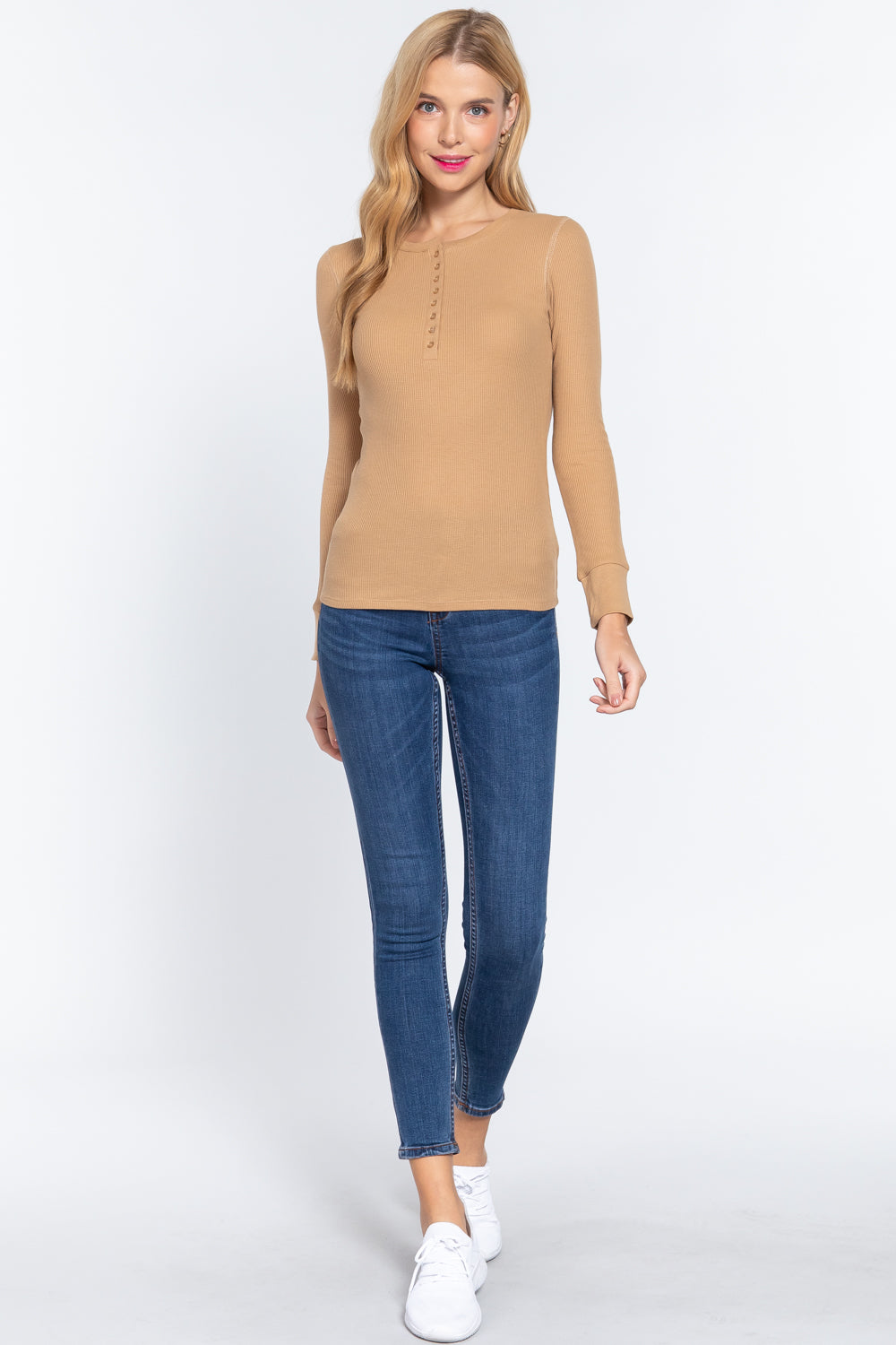 Women's Long Sleeve Henley Thermal Shirt Soft Top (Pecan Tan)