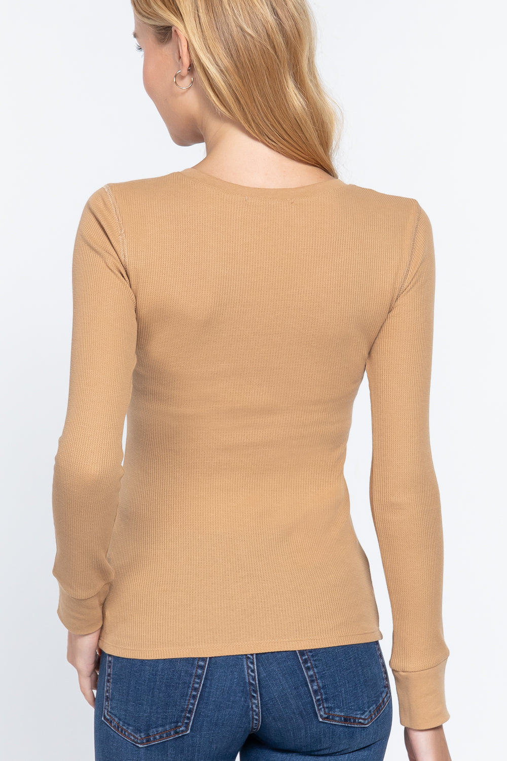Women's Long Sleeve Henley Thermal Shirt Soft Top (Pecan Tan)