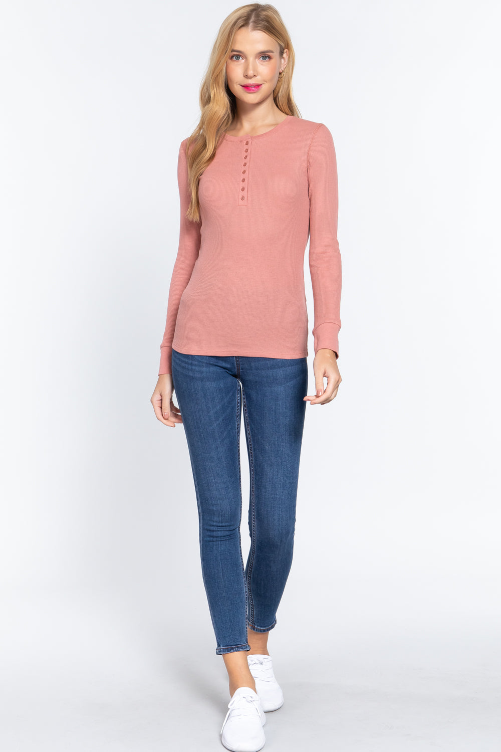 Women's Long Sleeve Henley Thermal Shirt Soft Top (Pink)