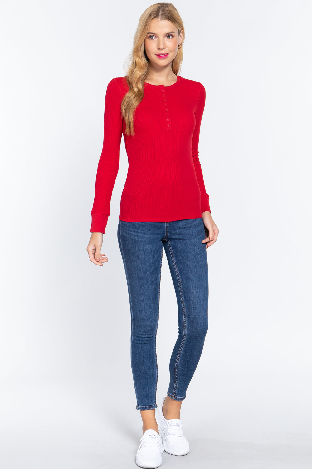 Women's Long Sleeve Henley Thermal Shirt Soft Top (Red)