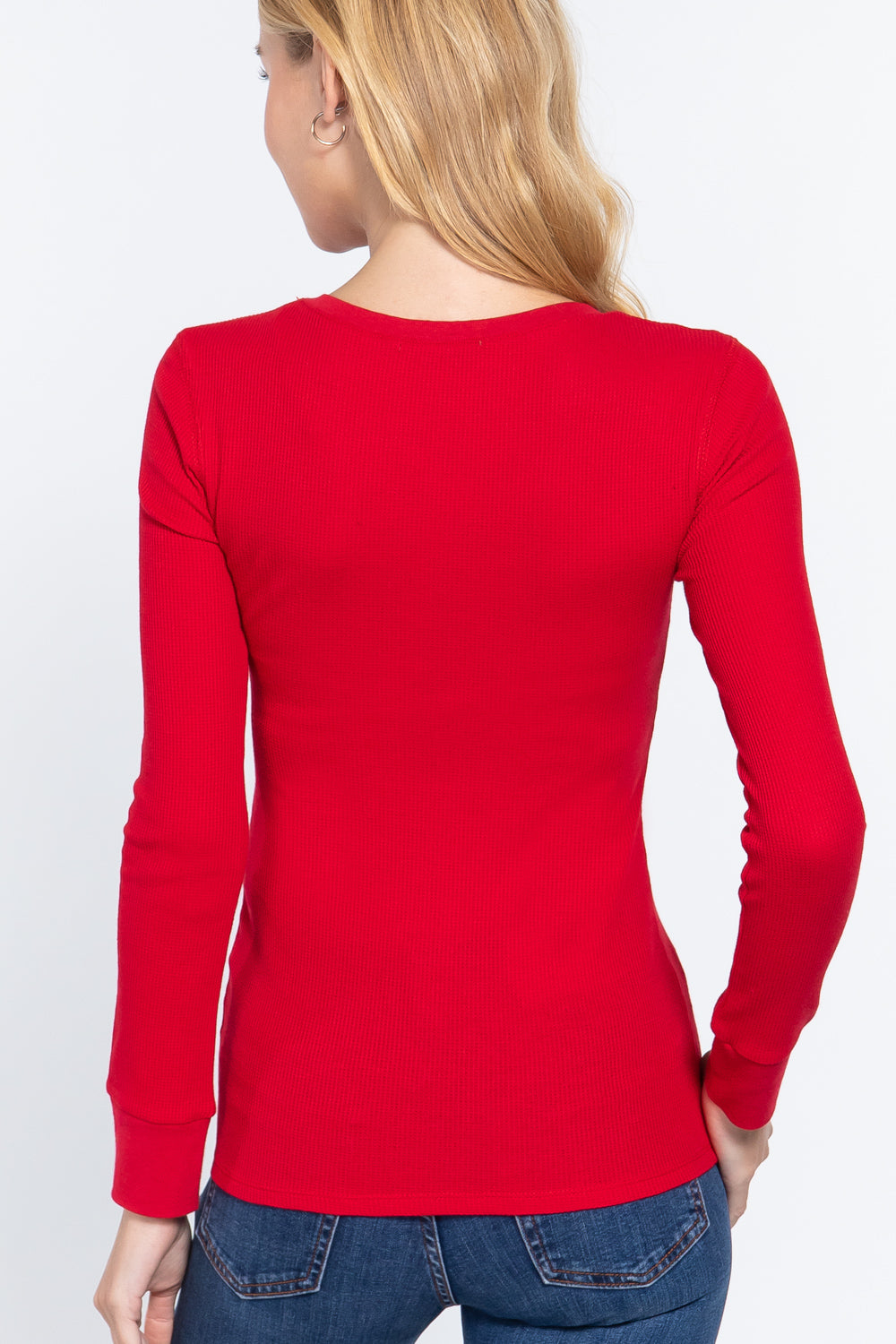 Women's Long Sleeve Henley Thermal Shirt Soft Top (Red)