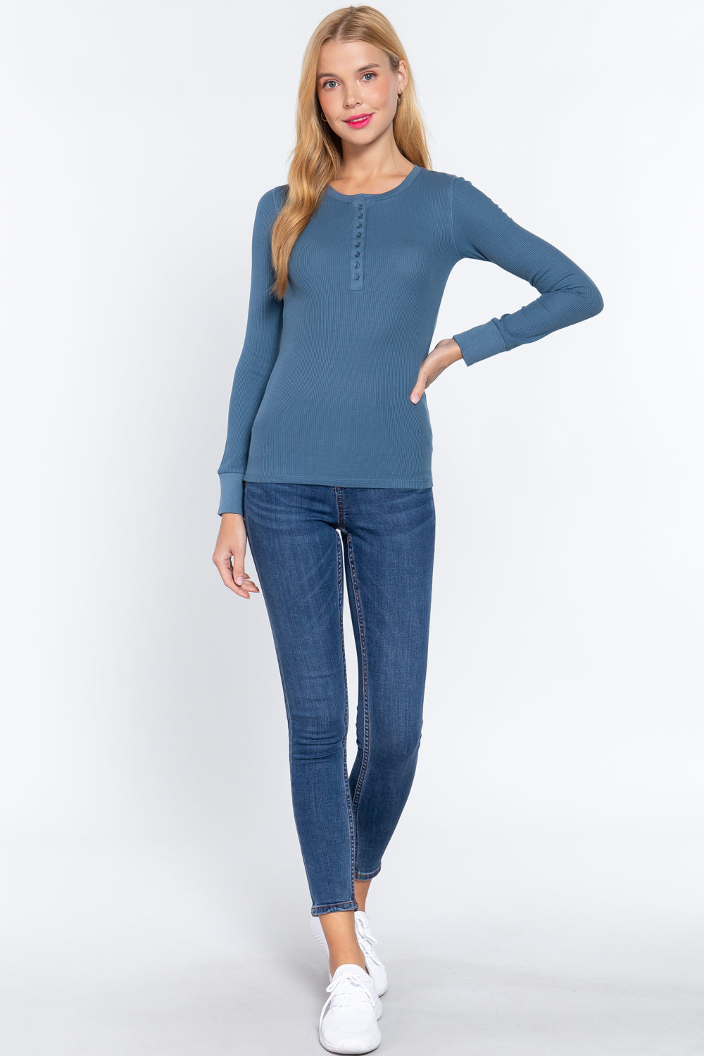 Women's Long Sleeve Henley Thermal Shirt Soft Top (Steel Blue)