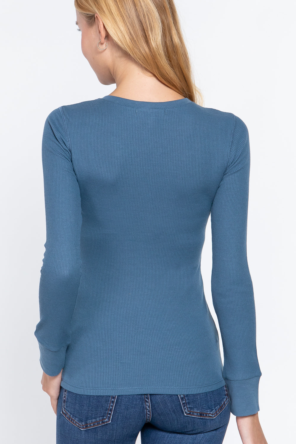 Women's Long Sleeve Henley Thermal Shirt Soft Top (Steel Blue)