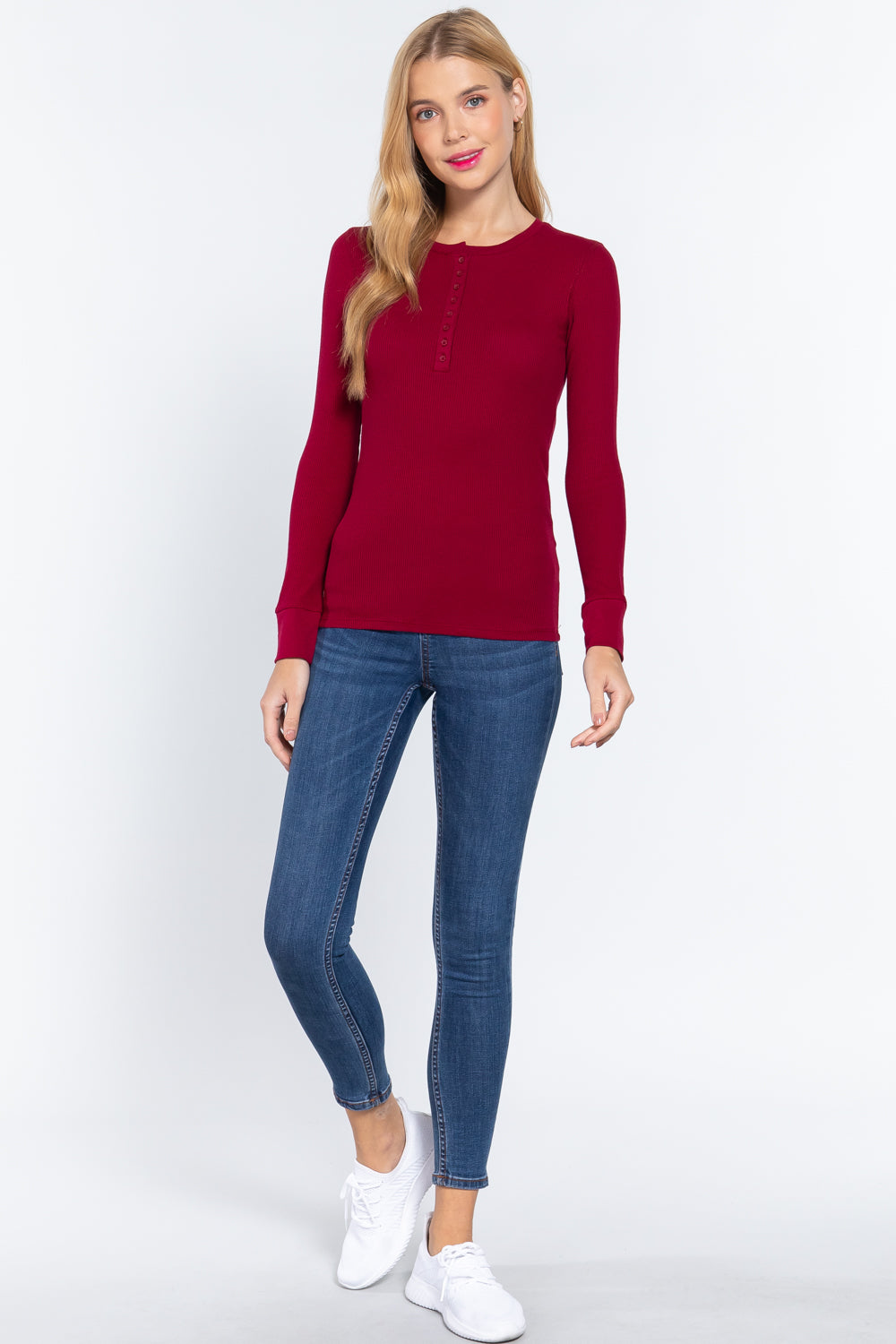 Women's Long Sleeve Henley Thermal Shirt Soft Top (Wine Red)