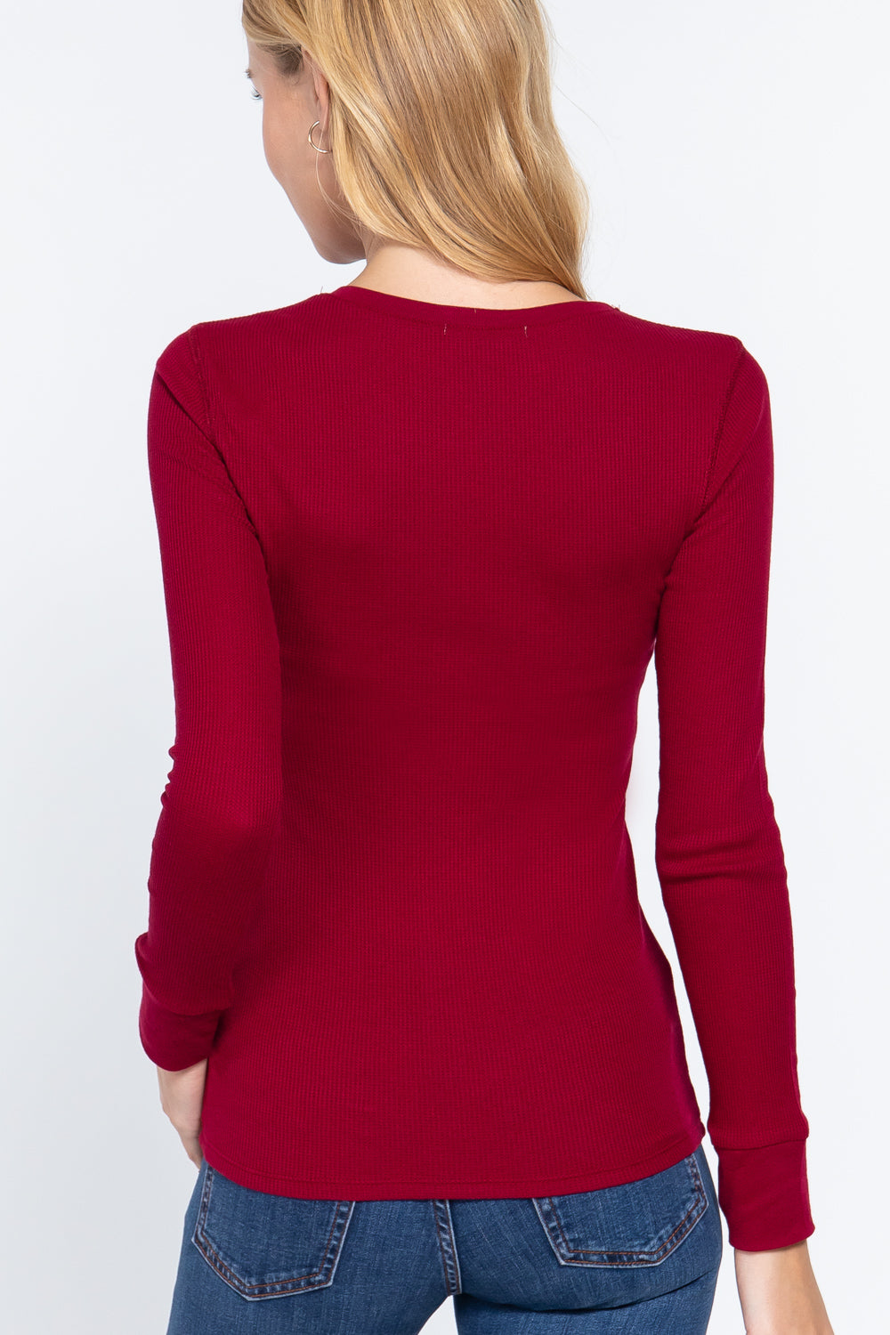 Women's Long Sleeve Henley Thermal Shirt Soft Top (Wine Red)
