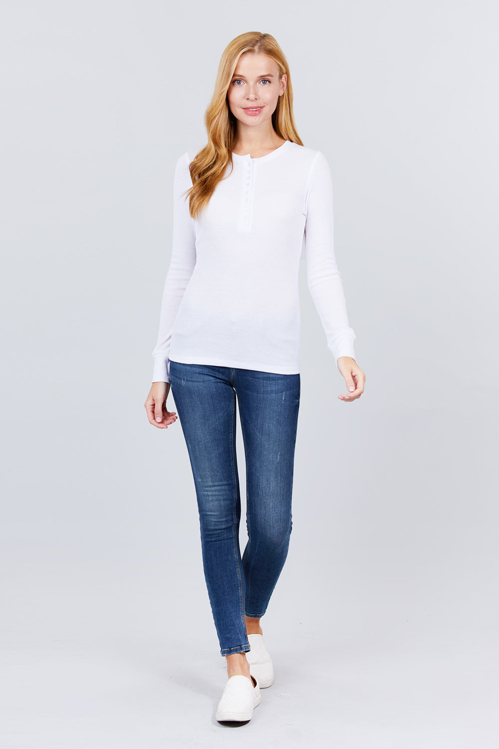 Women's Long Sleeve Henley Thermal Shirt Soft Top (White)