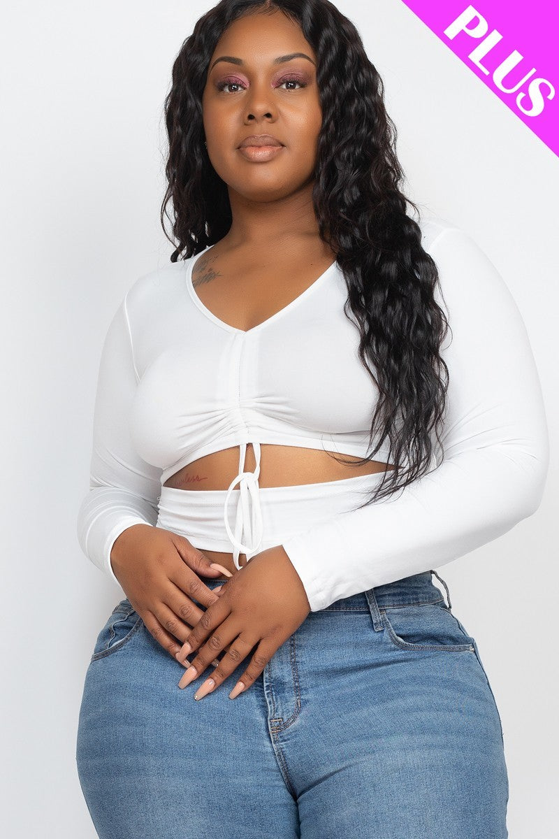 Women Plus Size Drawstring Ruched Cutout Crop Top Long Sleeve Stretch (1X,2X,3X)