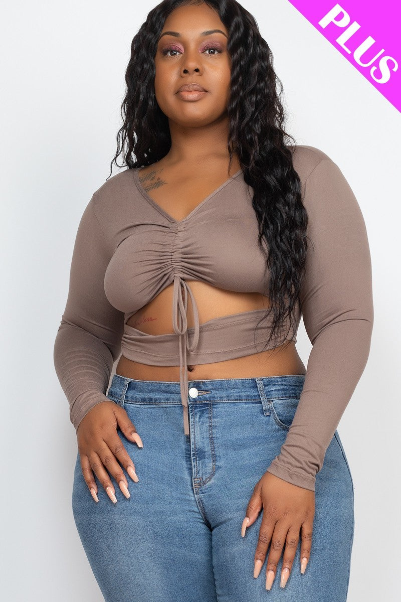 Women Plus Size Drawstring Ruched Cutout Crop Top Long Sleeve Stretch (1X,2X,3X)