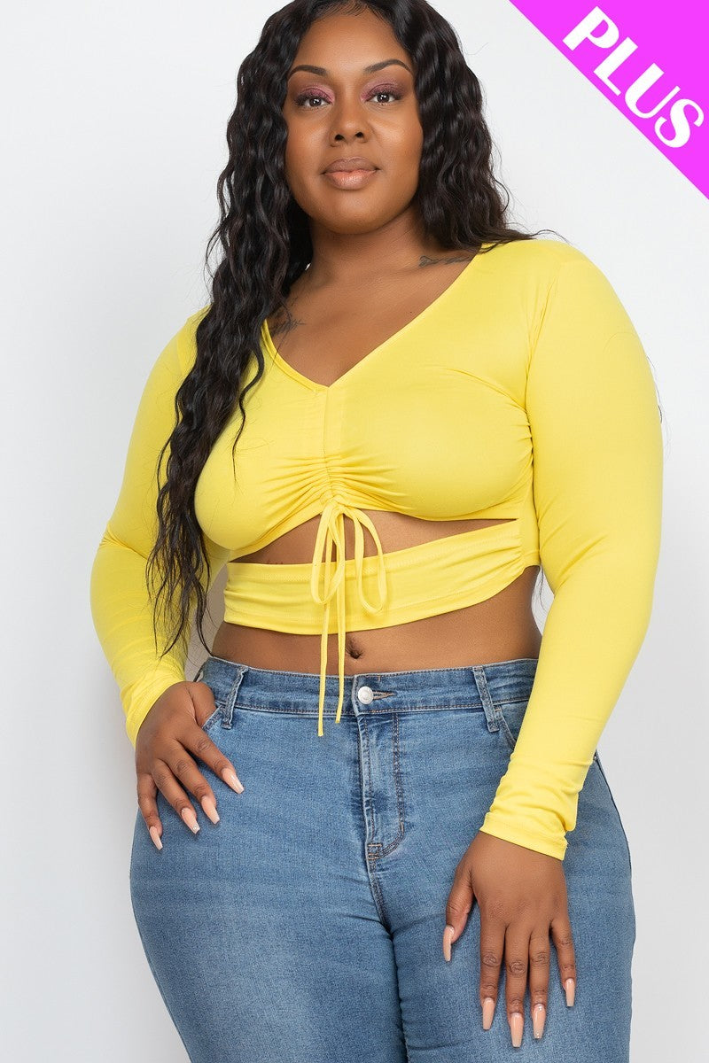 Women Plus Size Drawstring Ruched Cutout Crop Top Long Sleeve Stretch (1X,2X,3X)