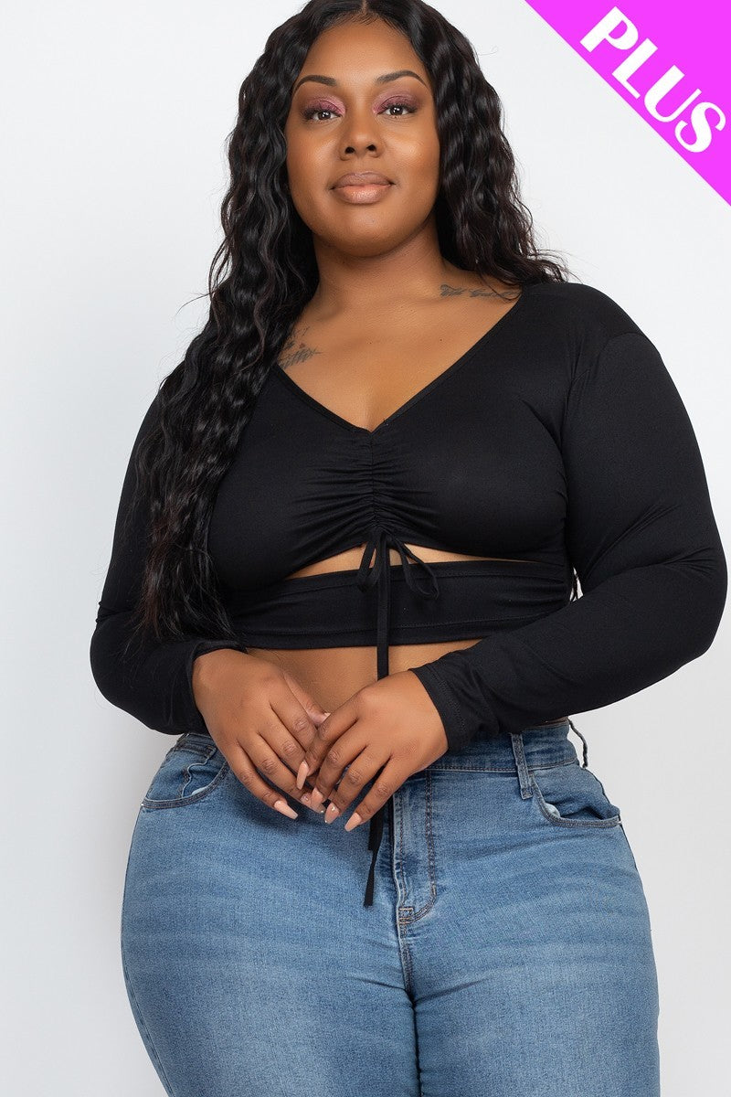 Women Plus Size Drawstring Ruched Cutout Crop Top Long Sleeve Stretch (1X,2X,3X)