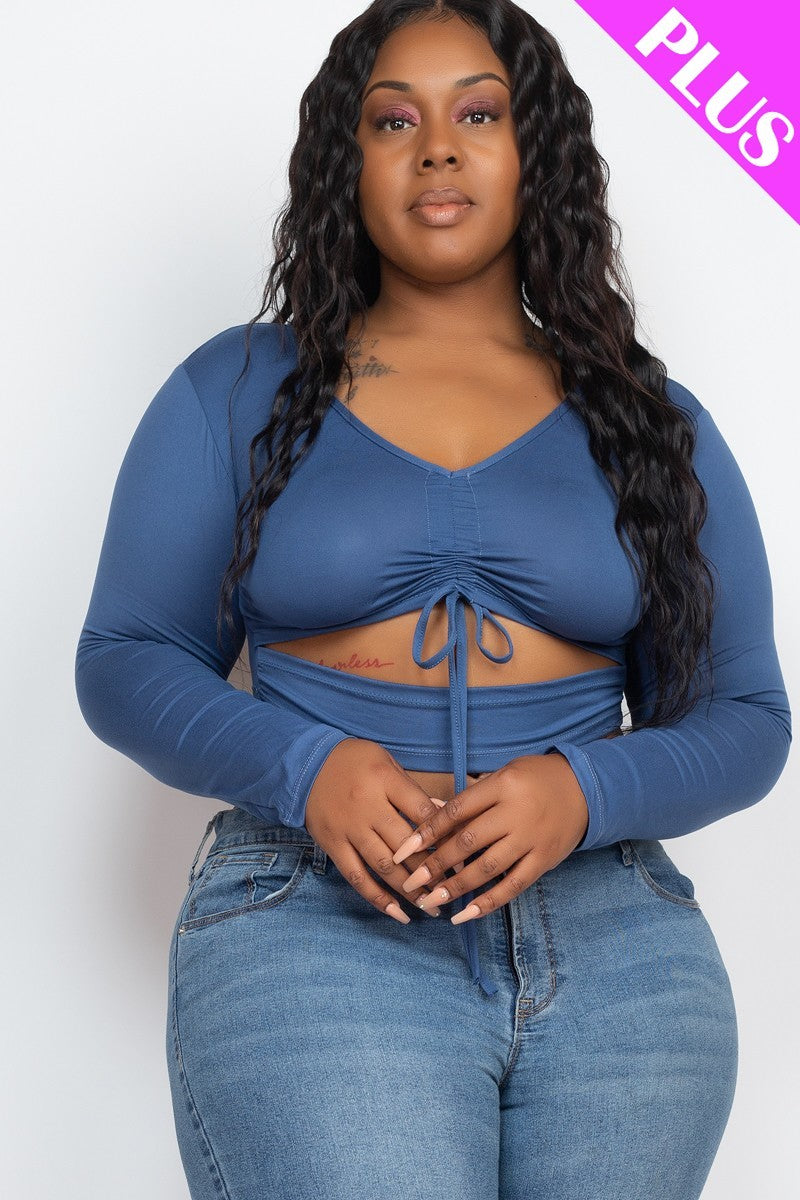 Women Plus Size Drawstring Ruched Cutout Crop Top Long Sleeve Stretch (1X,2X,3X)