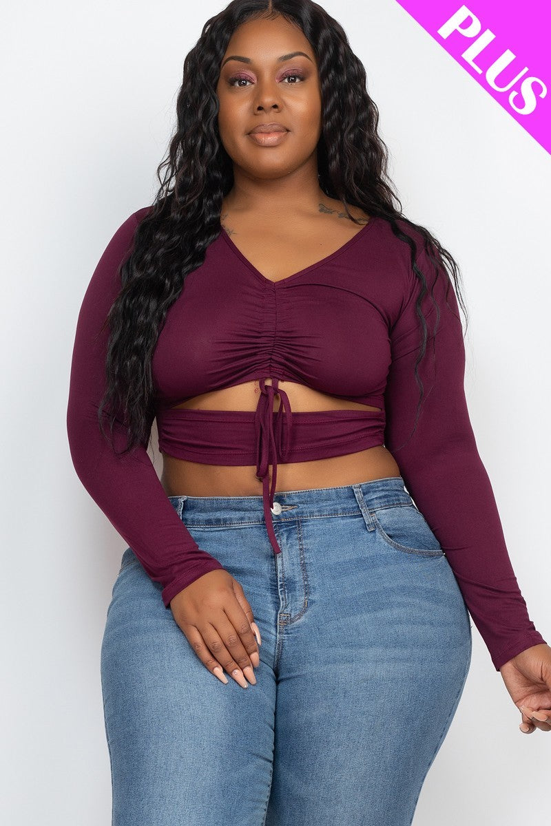Women Plus Size Drawstring Ruched Cutout Crop Top Long Sleeve Stretch (1X,2X,3X)