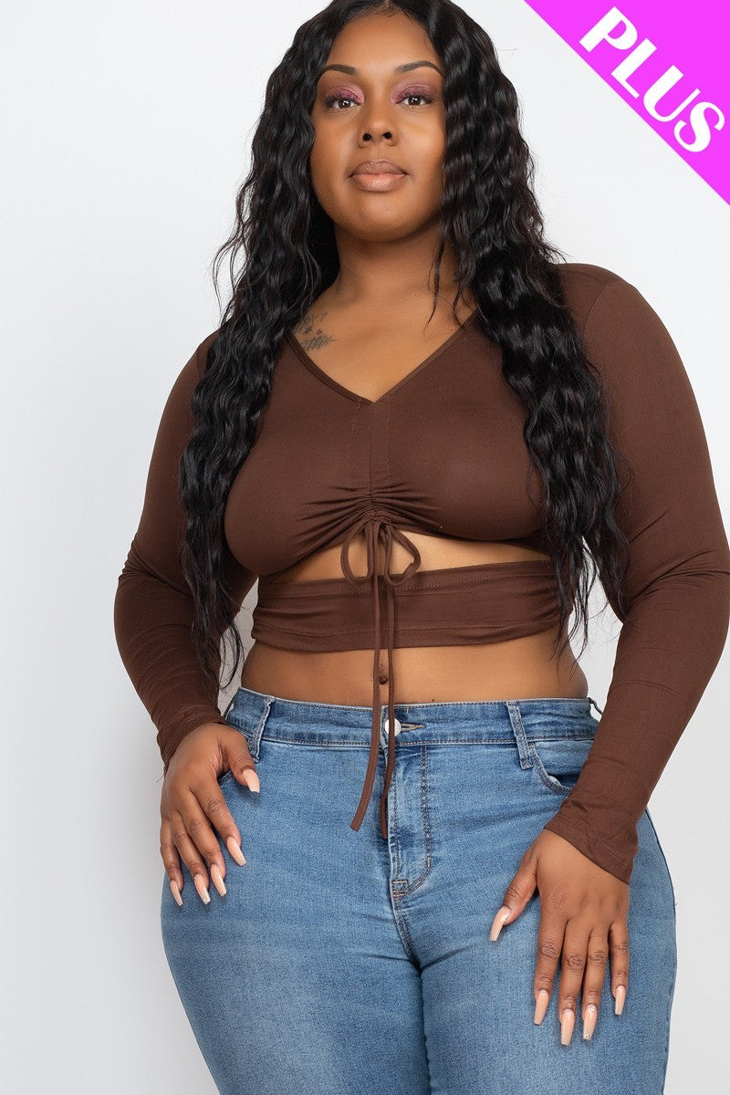 Women Plus Size Drawstring Ruched Cutout Crop Top Long Sleeve Stretch (1X,2X,3X)