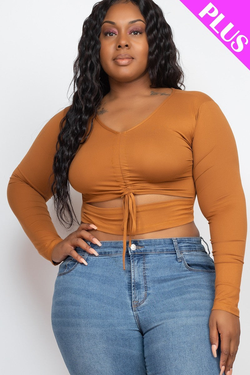 Women Plus Size Drawstring Ruched Cutout Crop Top Long Sleeve Stretch (1X,2X,3X)