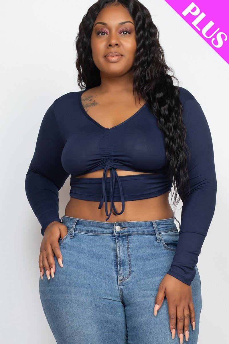 Women Plus Size Drawstring Ruched Cutout Crop Top Long Sleeve Stretch (1X,2X,3X)
