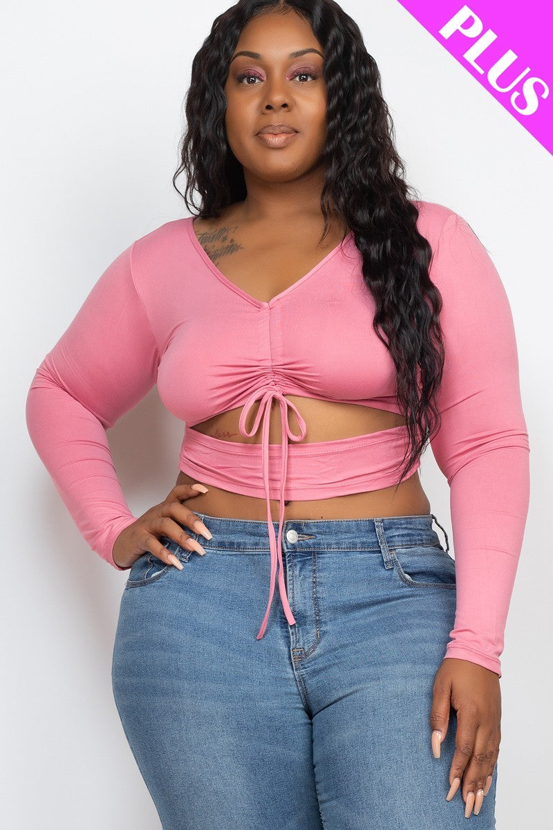 Women Plus Size Drawstring Ruched Cutout Crop Top Long Sleeve Stretch (1X,2X,3X)