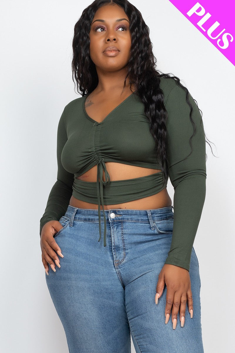 Women Plus Size Drawstring Ruched Cutout Crop Top Long Sleeve Stretch (1X,2X,3X)