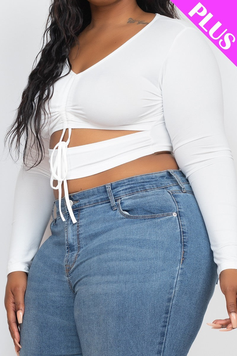 Women Plus Size Drawstring Ruched Cutout Crop Top Long Sleeve Stretch (1X,2X,3X)