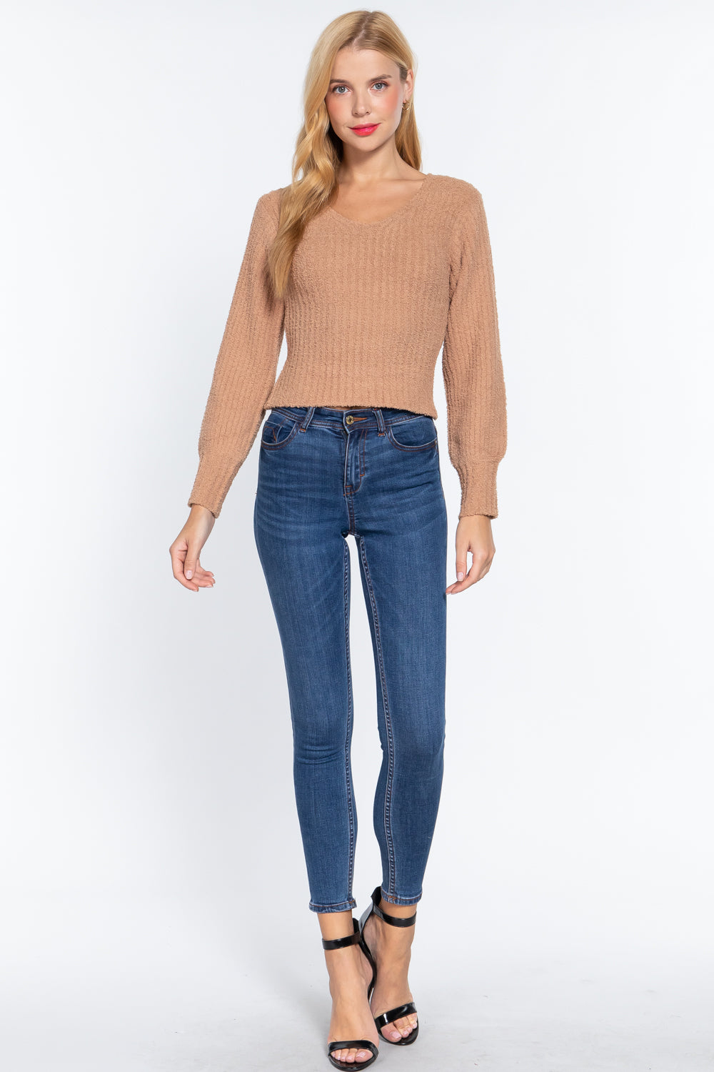 Women's Long Puff Sleeve Cropped V-neck Soft Rib Knit Casual Pullover Sweater