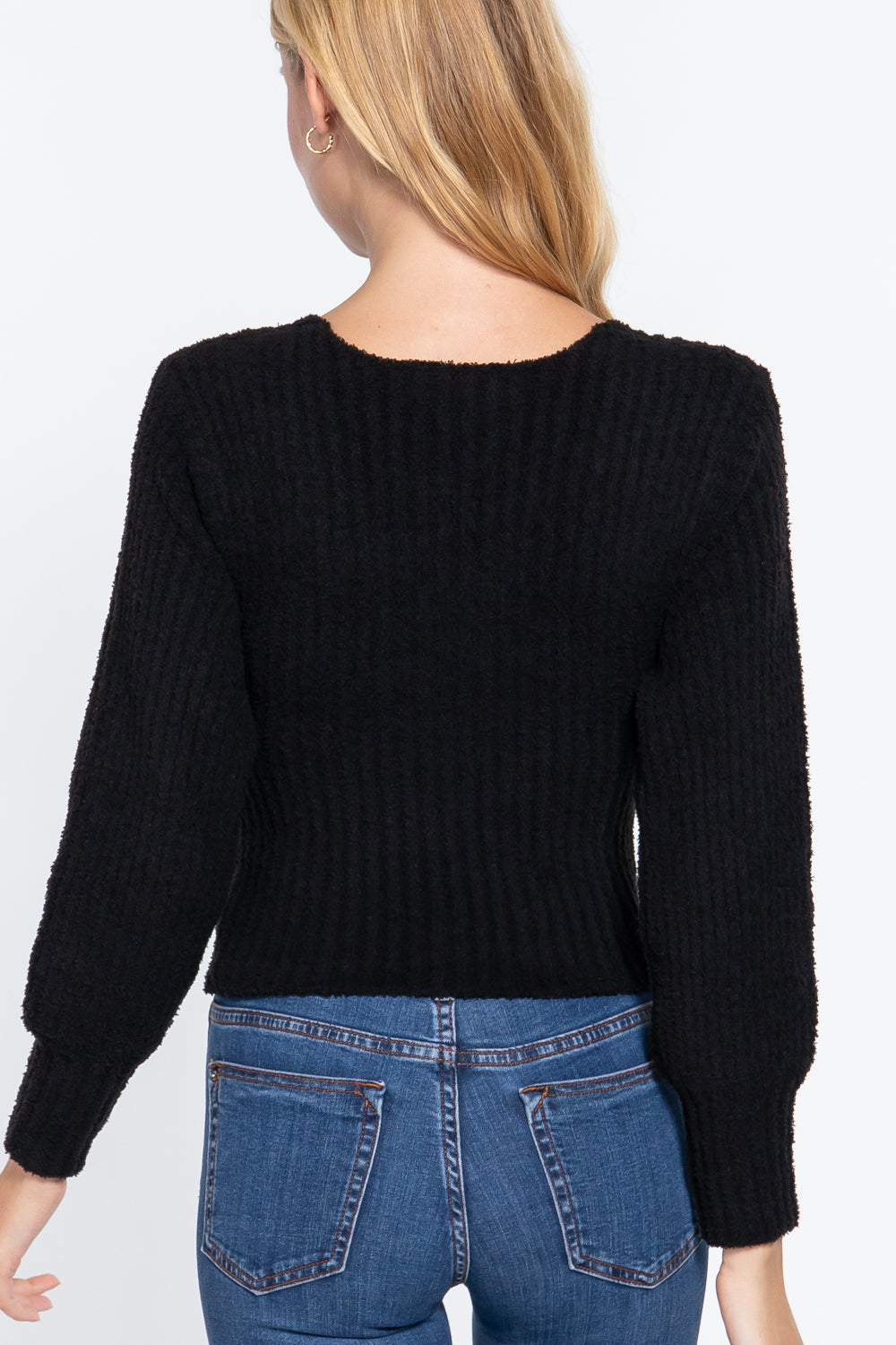 Women's Long Puff Sleeve Cropped V-neck Soft Rib Knit Casual Pullover Sweater