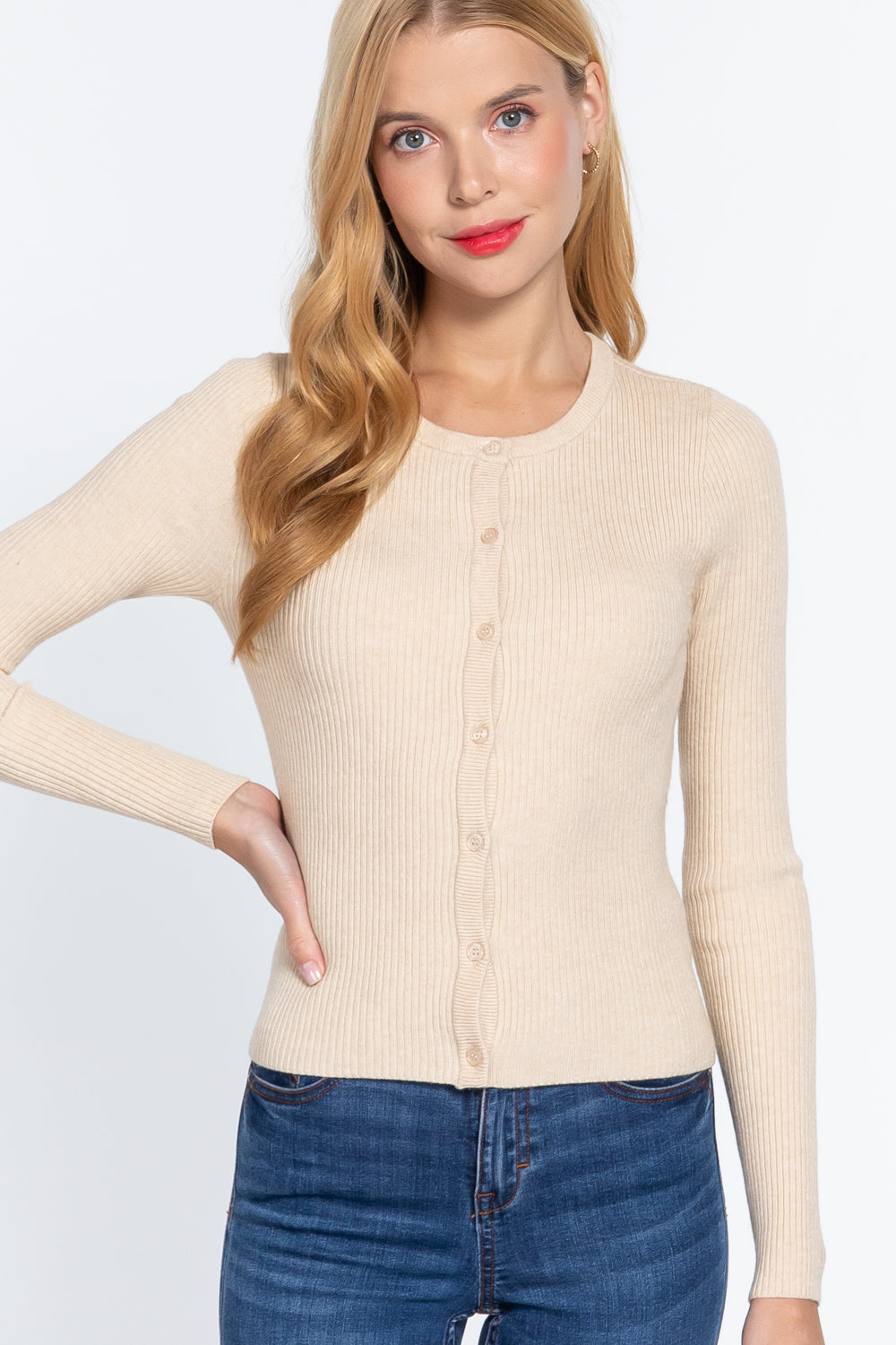 Women's Long Sleeve Crew Neck Basic Cardigan Viscose Soft Knit Button Sweater