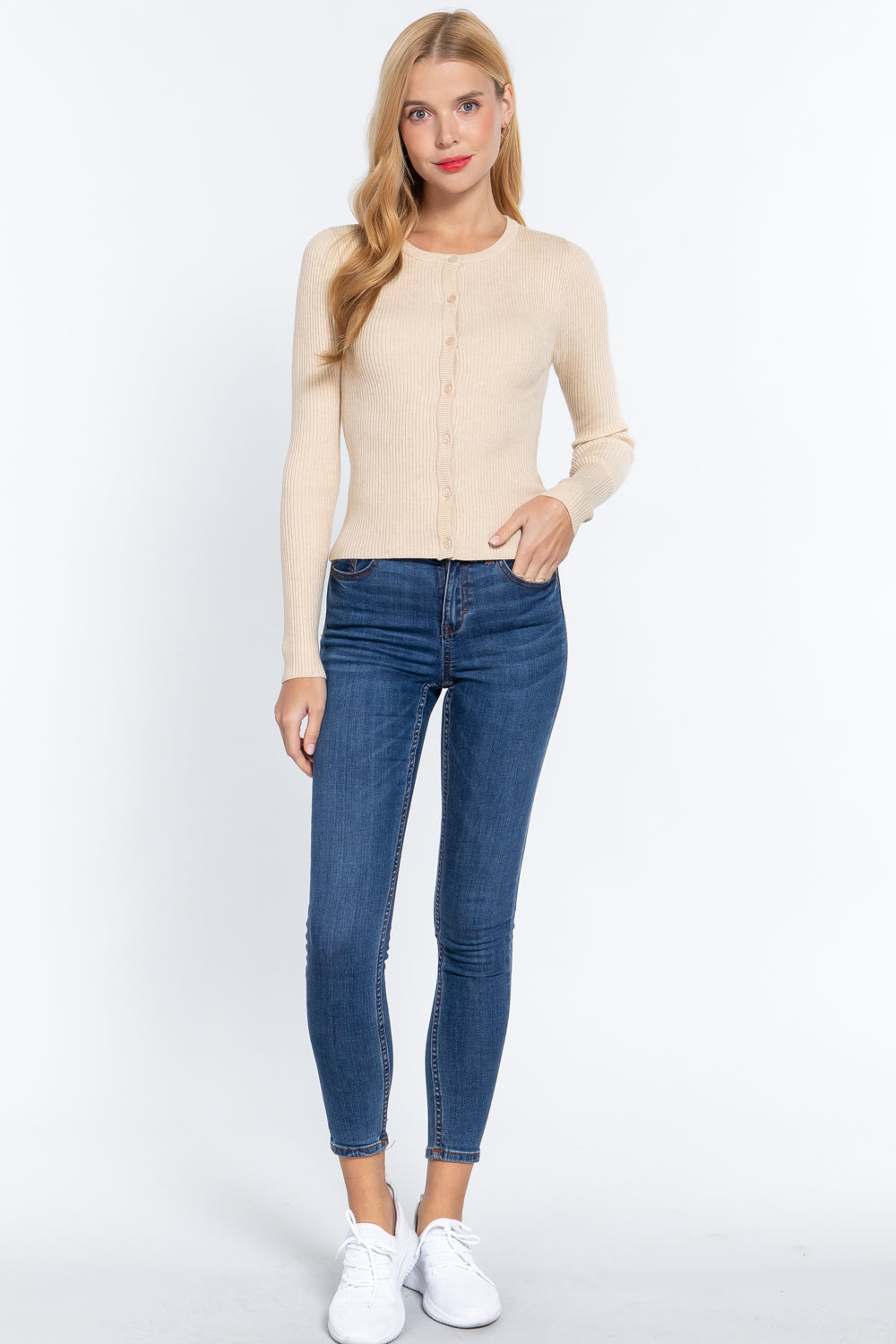 Women's Long Sleeve Crew Neck Basic Cardigan Viscose Soft Knit Button Sweater